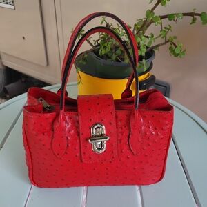 Red Ostrich Leather Top-Handle Women’s Handbag Made In Italy